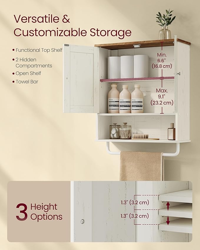 VASAGLE Siren Collection - Hanging Bathroom Cabinet with Towel Rod, Farmhouse Wall Storage Cabinet, with Adjustable Shelf, and Doors, 7.9 x 20 x 23.6 Inches, Rustic White and Honey Brown UBBK149WJ01S