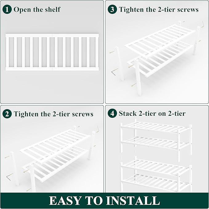 Smiry Bamboo Shoe Rack, 4 Tier Free Standing Wooden Shoe Organizer, Stackable Wood Shoe Storage Shelf for Closet, Entryway, 14 Vertical Slats, 2+2 Stack Heavy-Duty Legs, 26.8"x11"x26", White