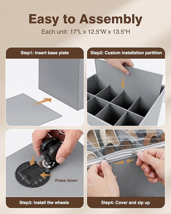 Shoe Organizer for Closet,House Again 2 Pack Shoe Storage Organizer with Wheels, Foldable Shoe Storage Box with Adjustable Dividers and Clear Cover, Reinforced Handles, Fits up to 12-24 Pairs, Gray