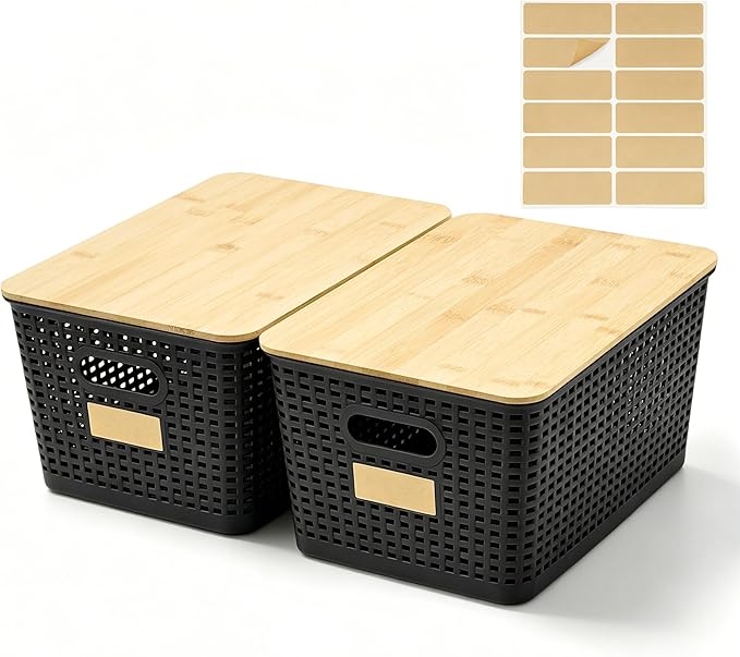2 Pack Tall Plastic Storage Bins with Bamboo Lids, Black