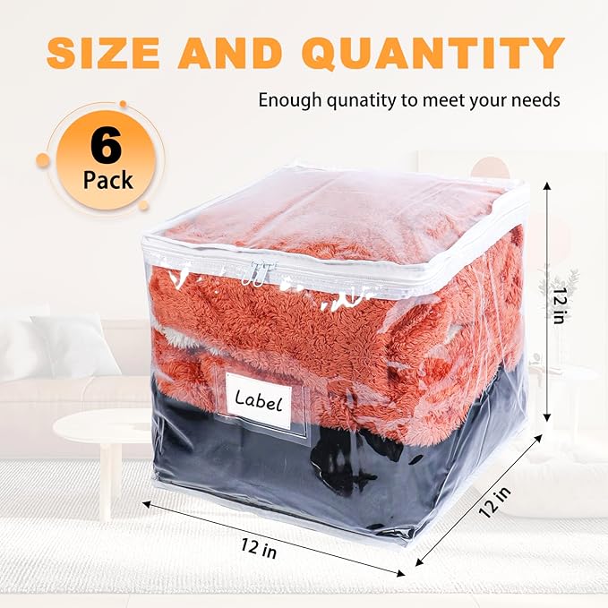 Clear Zippered Storage Bags Plastic Sweater Storage Bags with Zipper 6 Packs Clothing Organizer for Blankets Linen Sweater Bed Sheet Quilt Clothes Pillow (12 x 12 x 12 Inch, White)