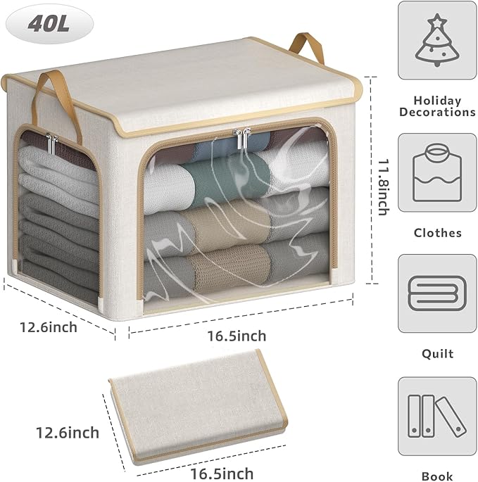 4 Pack Clothes Storage Bins with Metal Frame - 66L Stackable Storage Box with Lid，Foldable Storage Container Organizer for Clothes，Linen Fabric Storage Box with Clear Window＆Zippers＆Handles