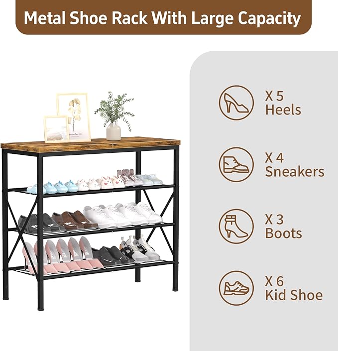 4-Tier Tall Shoe Rack, Large Capacity Shoe Shelf Holds 16 Pairs, Shoe Shelf for Entryway, Hallway, Living Room, Rustic Brown