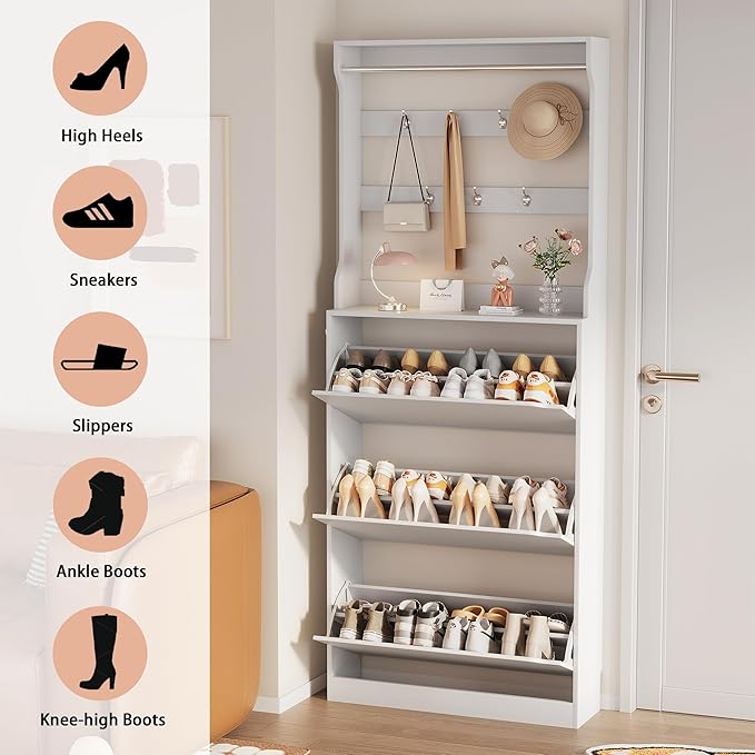 Shoe Cabinet for Entryway, White, 31.5 * 9.37 * 78.74 Inch, 3 Flip Drawers, 3 Shelves, Modern Style