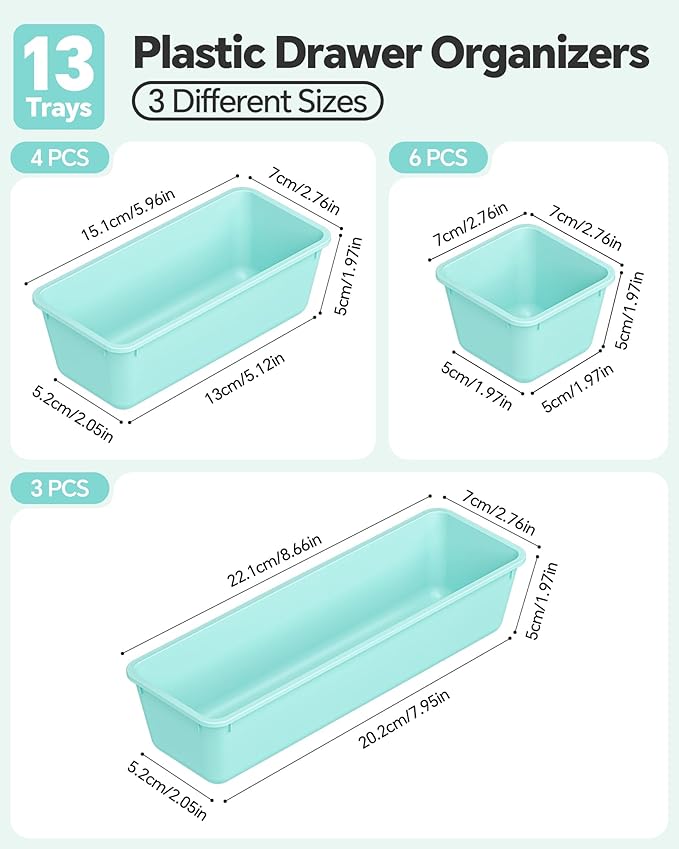 13 Pack Plastic Drawer Organizers Set, Blue