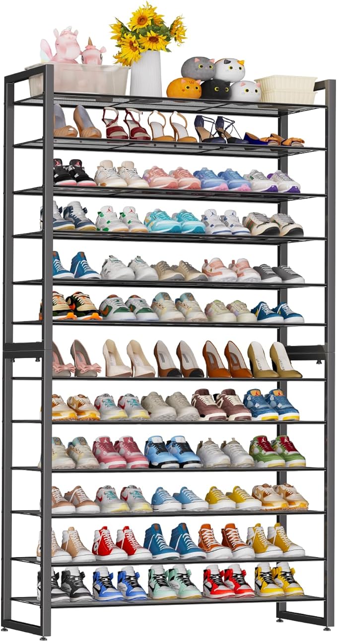 Simple Trending 12 Tier Shoe Rack Holds 60 Pairs, Sturdy Tall Shoe Organizer, Heavy Duty Large Metal Stackable Shoe Shelf for Entryway, Closet, Bedroom, Black