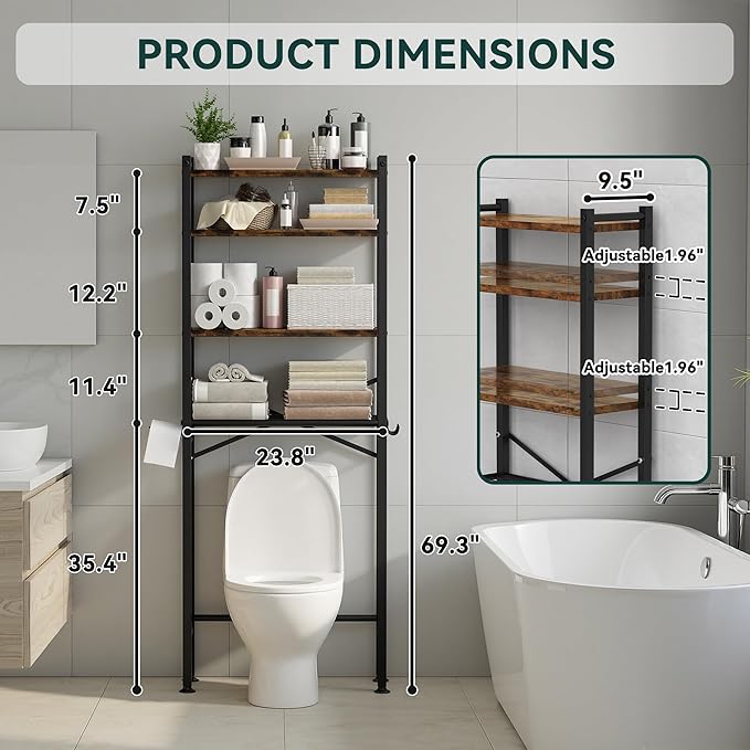 4-Tier Over The Toilet Storage with Paper Holder and 4 Hooks