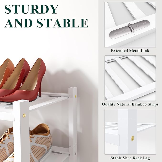 Smiry Bamboo Shoe Rack for Closet, 2 Tier Wooden Shoe Organizer, Stackable Wood Shoe Storage Shelf for Entryway, 14 Vertical Slats, One-piece Heavy-Duty Legs, 26.77"x11.02"x12.99", White