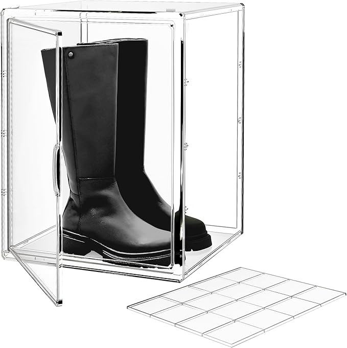 15.75''x11.81''x9.84'' XX-Large Clear Shoe Storage Boxes with Divider, Stackable Plastic Boot Boxes with Magnetic Door, Acrylic display case Box with Lids for Sneaker Purses Handbags Books (3)