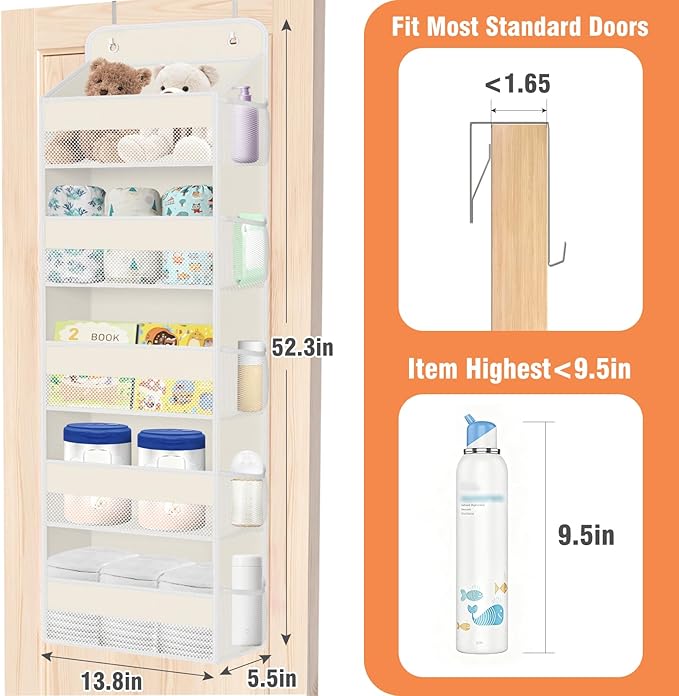 WISELIFE Over The Door Organizer - 5 Shelves Large Capacity Hanging Bedroom Storage Solution with Side Pockets for Dorm Bathroom Pantry Nursery and Baby Essentials Holds up to 40 Lbs (Beige)