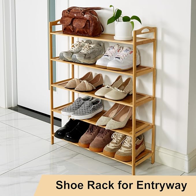 5 Tier Bamboo Shoe Rack, Free Standing Shoe Racks, Shoes Rack Organizer, Bamboo Wood Shoe Rack for Entryway and Closet Hallway (27.5" x 9.25" x 34.3")