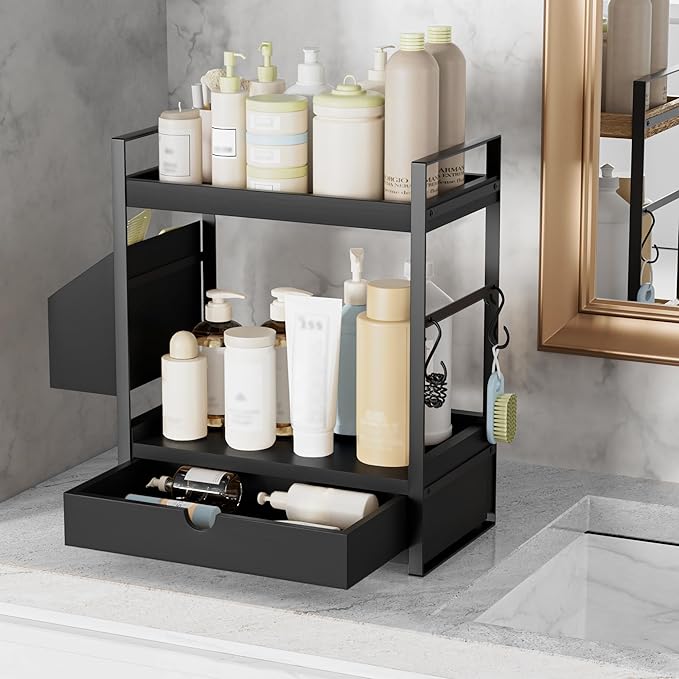 Kottwca 2-Tier Bathroom Counter Organizer with Drawer, Basket & Hooks, Wooden Vanity Shelf for Skincare, Perfume & Makeup Storage(Black)