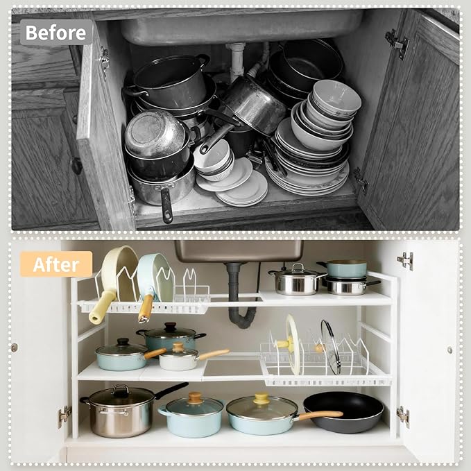 Pots and Pans Organizer Under Cabinet, Expandable 21-35in Length, Adjustable Height Under Sink Shelf 2 Tier with 10 Dividers Under Cabinet Shelf, Pot and Pan Lid Holder Rack (White)