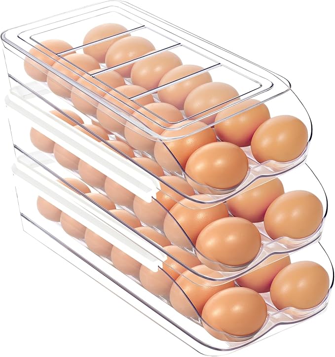 MesRosa Egg Holder for Fridge, Automatic Rolling Egg Organizer for Refrigerator, Clear Plastic Egg Container & Tray, Stackable Dispenser and Storage Bin with Sturdy Lid to Saving Space -3 Layer