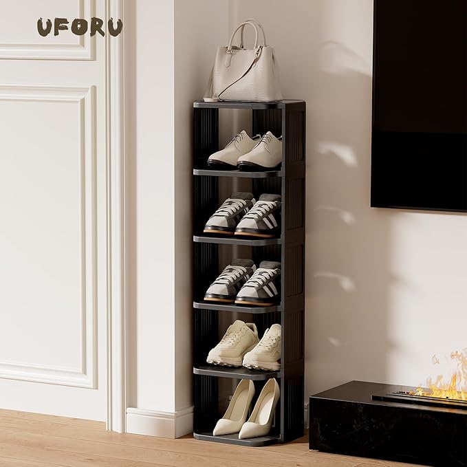 UFORU Small Shoe Rack, 7 Tier Plastic Vertical Shoe Rack for Small and Narrow Spaces, Free Standing Shoe Organizer for Closet, Entryway (Black)