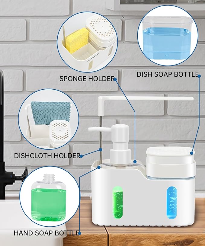 Hand Soap and Dish Soap Dispenser Set for Kitchen, White