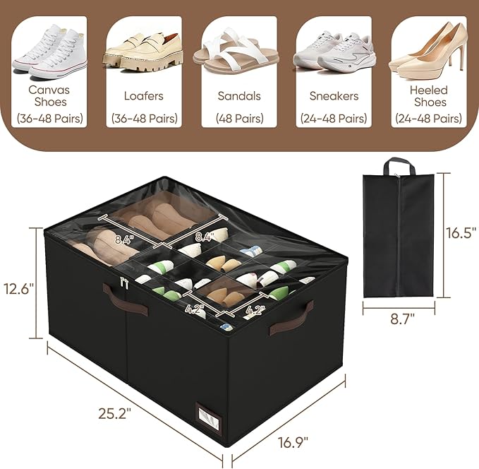 OIAHOMY 2 Pack Shoe Organizer for Closet, Large Foldable Shoe Storage Bins with Dividers and Reinforced Handles, Each Clear Cover Sneaker Box Fits Up to 24 Pairs for Entryway and Bedroom, Black