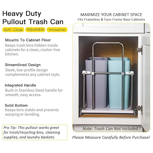 Adjustable Pull Out Trash Can for Kitchen Cabinet, Bottom-Mount Heavy-Duty Full-Extension Soft-Close Slides, 100 Lb Rated with Solid Bottom, Fits 18-Inch Base Cabinet