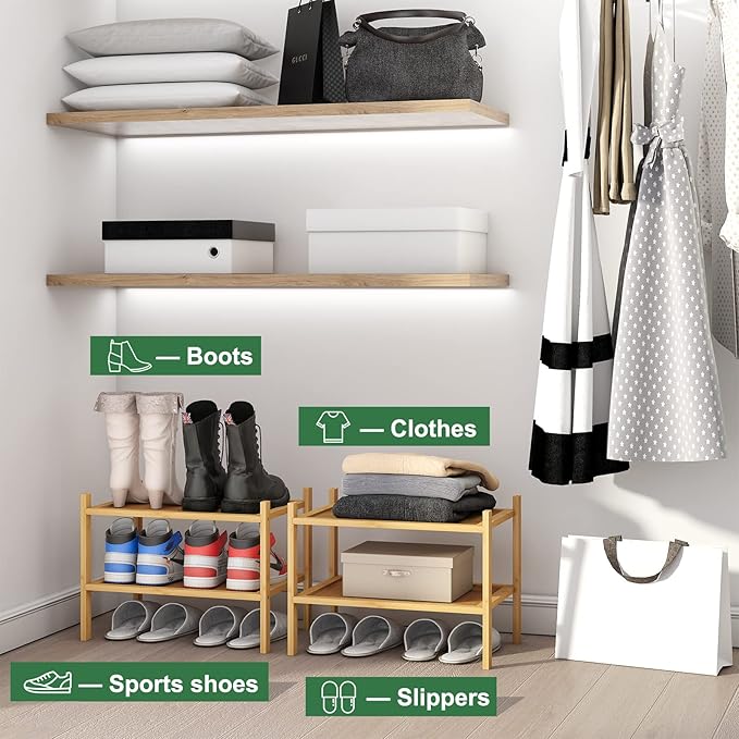 kiplant Small Shoe Rack, 2-Tier Bamboo Wood Shoe Rack for Entryway, Stackable Shoe Organizer for Hallway Closet, Free Standing Shoe Racks for Indoor & Outdoor