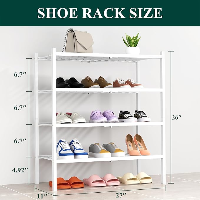 Smiry Bamboo Shoe Rack, 4 Tier Free Standing Wooden Shoe Organizer, Stackable Wood Shoe Storage Shelf for Closet, Entryway, 14 Vertical Slats, 2+2 Stack Heavy-Duty Legs, 26.8"x11"x26", White