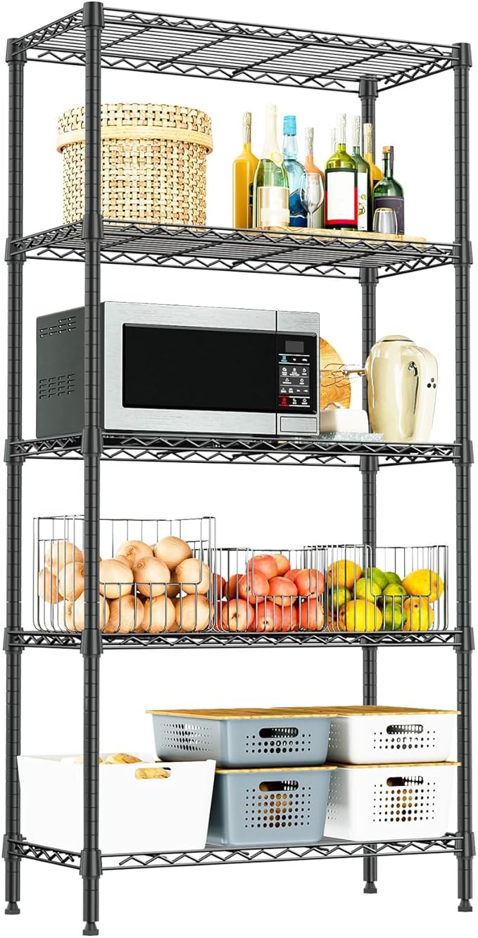 IZEUK 5-Tier Heavy Duty Metal Storage Shelves, 15.7" D x 33.5" W x 68.5" H, 1250 lbs, Black, Adjustable Wire Shelving Unit,Storage Rack for Kitchen, Garage and Closet Organizer