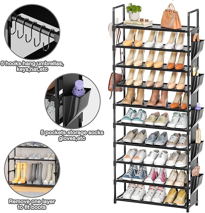 LUKYTOWER Tall Shoe Rack - 10 Tier Shoe Organizer with 5 Hooks, Pocket & Sturdy Stand for Closet Shoes