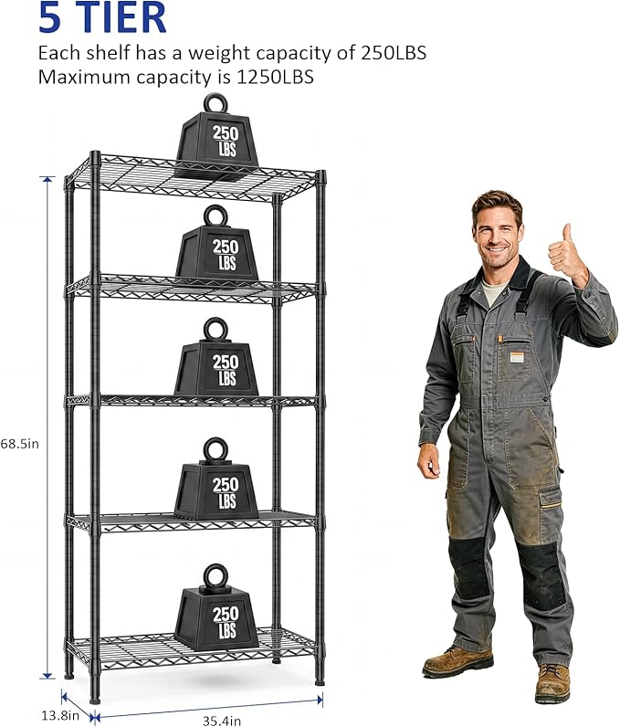IZEUK 5-Tier Heavy Duty Black Steel Storage Shelving Unit, Utility Wire Rack Organizer for Kitchen, Office & Home, 1250 lbs Capacity, 13.8" D x 35.4" W x 68.5" H