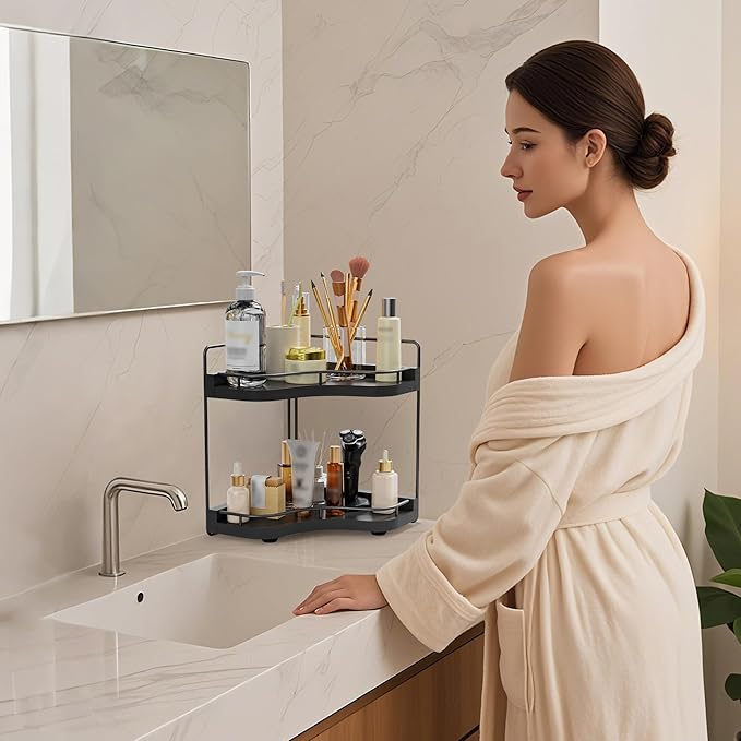 2-Tier Corner Bathroom Counter Organizers, Stable Wood Vanity Shelf for Perfume, Skincare & Makeup, Larger Size Countertop Organizer and Storage for Bathroom, Kitchen and Dresser(Black)