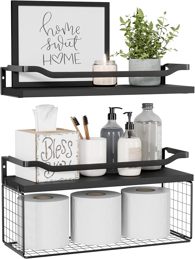 Floating Shelves with Wire Storage Basket, Toilet Paper-Black