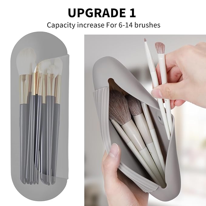 AGIKET Silicone Makeup Brush Holder Travel Cosmetic Bag：Soft Portable Cosmetic Face Brushes Holder with Upgrade Anti-Fall Out Magnetic Closure, Large Travel Makeup Brush Case - Stone