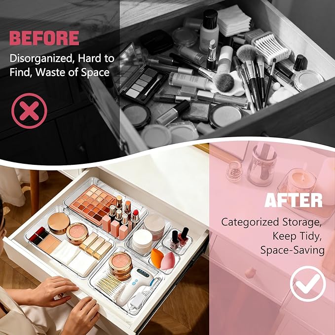 21 PCS Extendable Drawer Organizer Set, 3-Size Clear Stackable Vanity Storage Bins, BPA-Free Adjustable Non-Slip Acrylic Dressing Table Organizer Boxes for Makeup, Cosmetics, Office Supplies, Utensils
