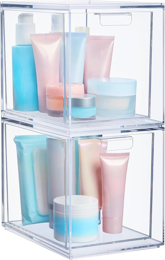 Audrey Stackable Bin Clear Plastic Organizer Drawers, 2 Piece Set