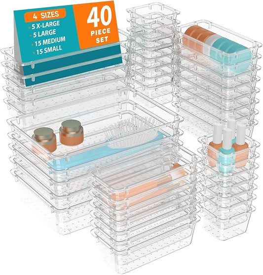 40 PCS Clear Plastic Drawer Organizer Set