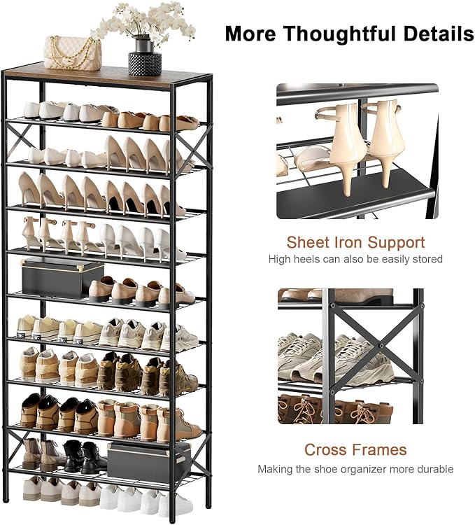10-Tier Tall Shoe Rack Organizer Shoe Storage for Entryway 30-40 Pairs Metal Shoe Rack for Closet Heavy-Duty Shoe Rack with Wooden Top Shelf for Garage Rustic Brown