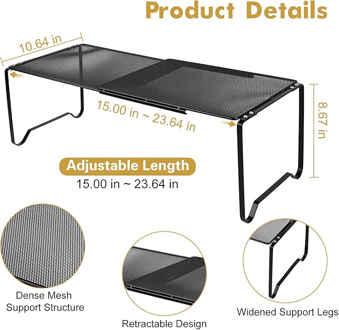 Extendable Dense Mesh Metal Shelf - 15-24.4in Adjustable Stackable Organizer for Kitchen, Bathroom, Shoe Cabinet & Tool Closet, Dust-Proof Small Item Friendly Storage Rack (1 Piece, Black)