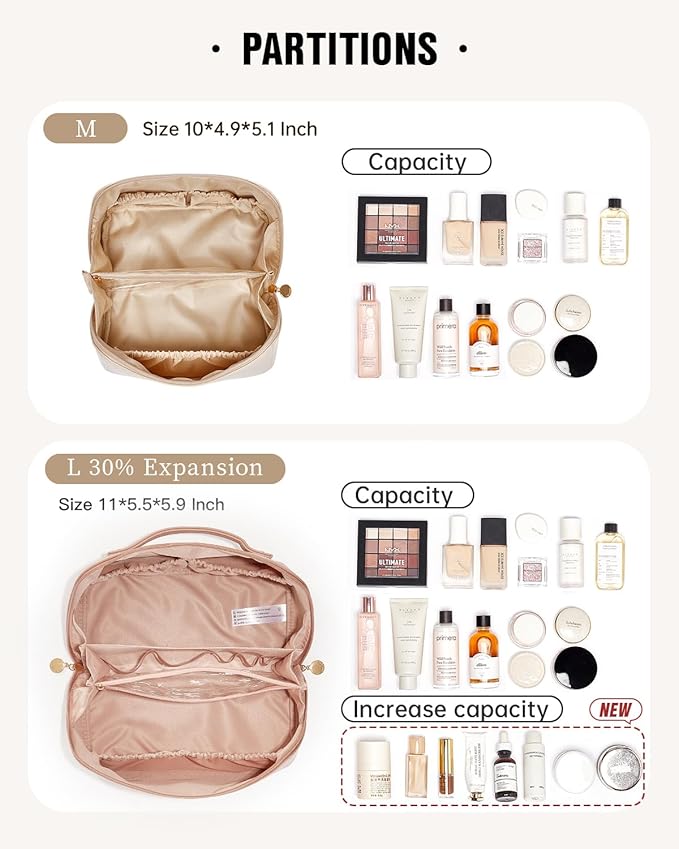 EACHY Travel Makeup Bag, Large Capacity Cosmetic Bag for Women, Waterproof PU Leather, Flat Open Portable Toiletry Bag for Skincare