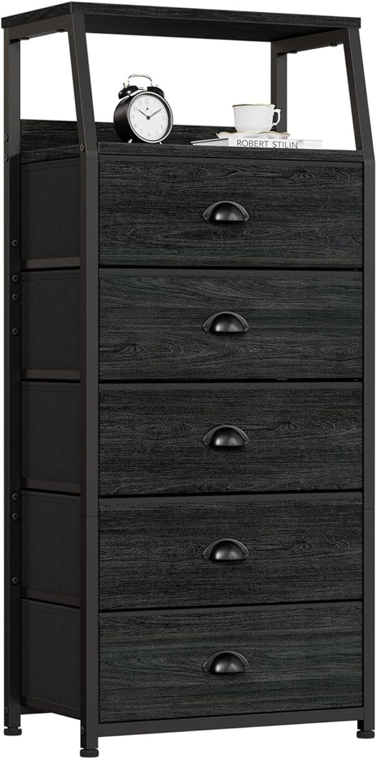 Black Dresser with 5 Drawers, Vertical Storage Tower Fabric Dresser for Bedroom