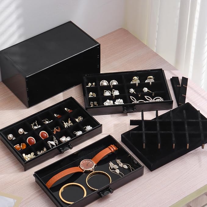 YUFONG Earring Organizer Box Acrylic Jewelry Organizer with 3 Drawers 54 Adjustable Grids Clear Stackable Earring Holder Velvet Trays Ring Display Case for Women Girls (Black Black)