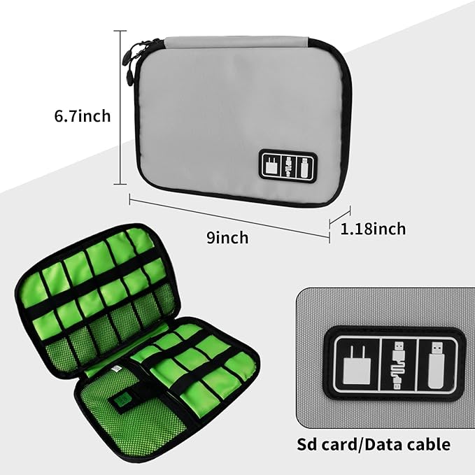 Lcsmaokin Electronics Organizer Travel Case,Electronic Accessories Storage Bag,Portable Waterproof Cable Organizer Bag,Travel Cord Organizer Bags for Small Charging Cord Storage,SD Card-Grey Green