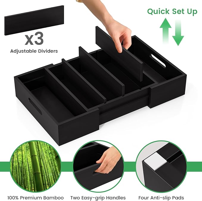 Kiasthome Expandable Bamboo Lid Organizers Inside Cabinet, Kitchen Cabinet Organizers with 3 Adjustable Dividers, Storage Plastic Lids, Food Container Lid Holder Organizer for Drawer Pantry, Black