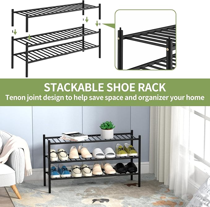 CRAFT 3-Tier Bamboo Long Shoe Rack, Black