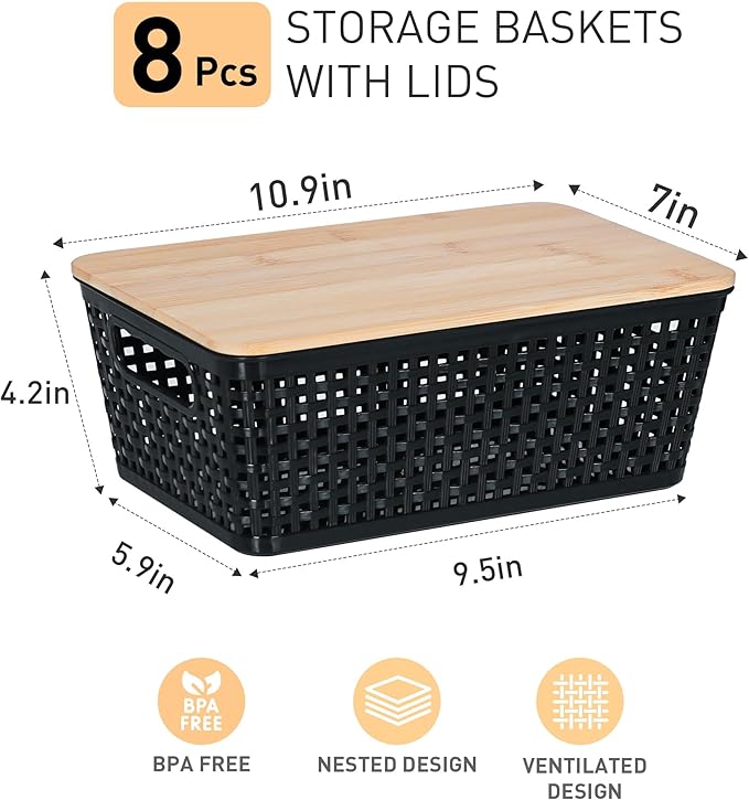 Storage Bins with Lids 8 Packs, Plastic Storage Bins with Bamboo Lids for Pantry Organization and Storage Containers for Shelves Drawers Desktop Closet Playroom Classroom Office Home, Black