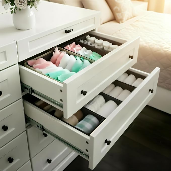 Bructhun Sock Drawer Organizer 9 Pack - Collapsible Fabric Storage Bins for Underwear Divider, Small Closet Organizers with 9 Compartments, Khaki