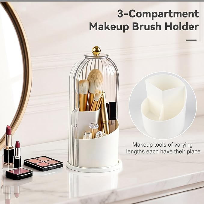 360° Rotating Makeup Brush Holder with Lid, Transparent