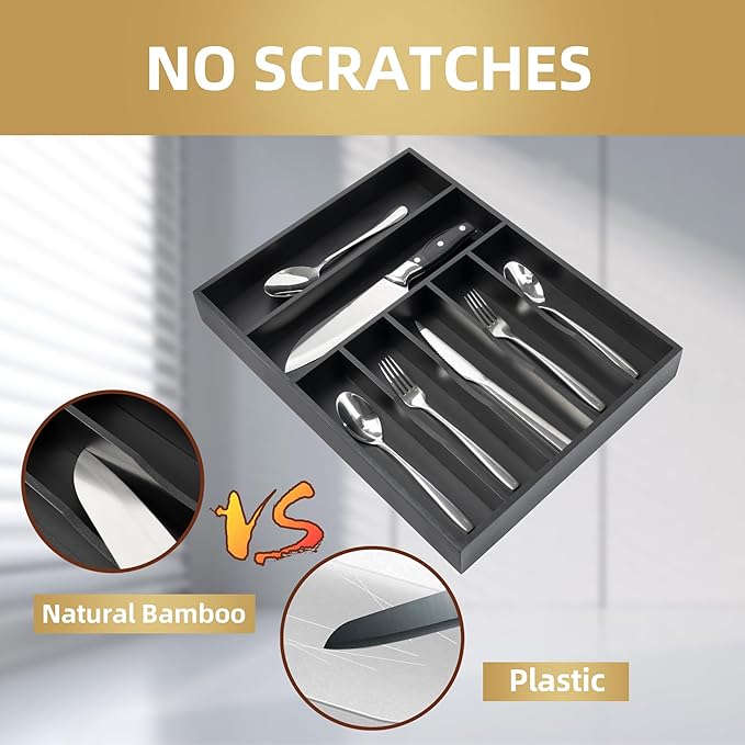 Silverware Organizer Kitchen Drawer Organizer Utensil Organizer Bamboo, Black