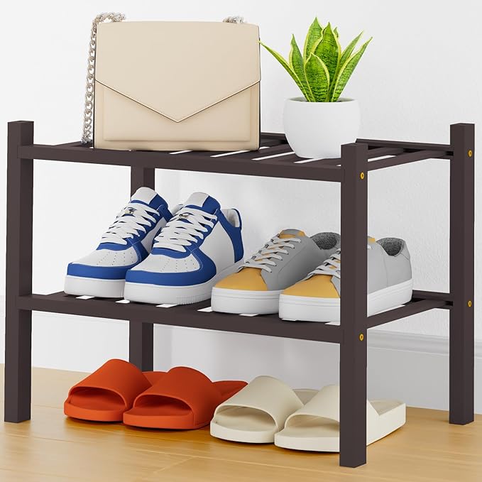 Smiry Small Bamboo Shoe Rack, 2 Tier Free Standing Wooden Shoe Organizer, Stackable Wood Shoe Storage Shelf for Closet, Entryway, 14 Vertical Slats, One-piece Heavy-Duty Legs, 17.3"x11"x13", Brown