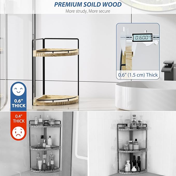 Corner Bathroom Counter Organizer, 2 Tier Wood Vanity Storage, Rustic-2 Tier