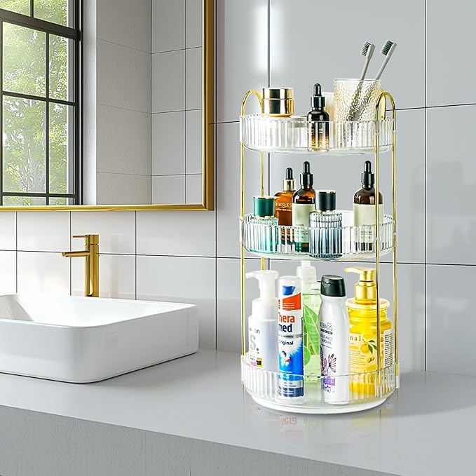 360 Rotating Makeup Organizer, 3 Tier Large Capacity Lazy Susan Bathroom Counter Organizer, Skincare Organizers, Spinning Perfume Organizer & Vanity Organizer Countertop (Golden Clear, 3 Tier)