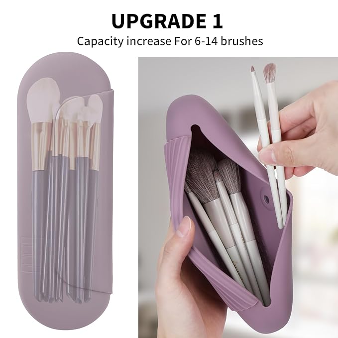 AGIKET 2 IN 1 Silicone Makeup Brush Holder with Beauty Make Up Sponge Holder Case：Soft Portable Cosmetic Face Brushes Holder with Upgrade Anti-Fall Out Magnetic Closure - Light Purple
