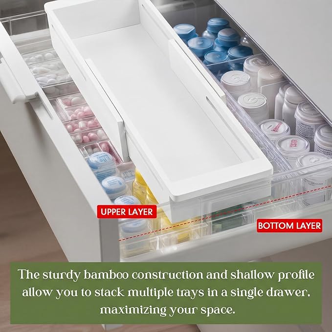 2 Pcs Sliding Drawer Organizer Bin Bamboo Drawer Expandable Bins Utensil, White